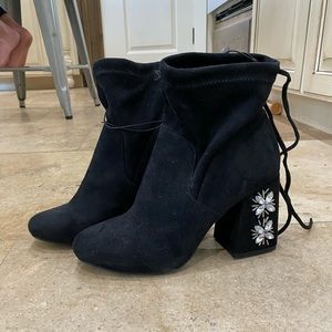 Black suede rhinestone heel bootie